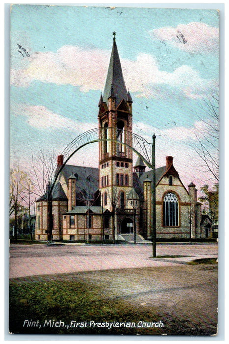 1907 First Presbyterian Church Exterior Flint Michigan MI Posted Arch Postcard