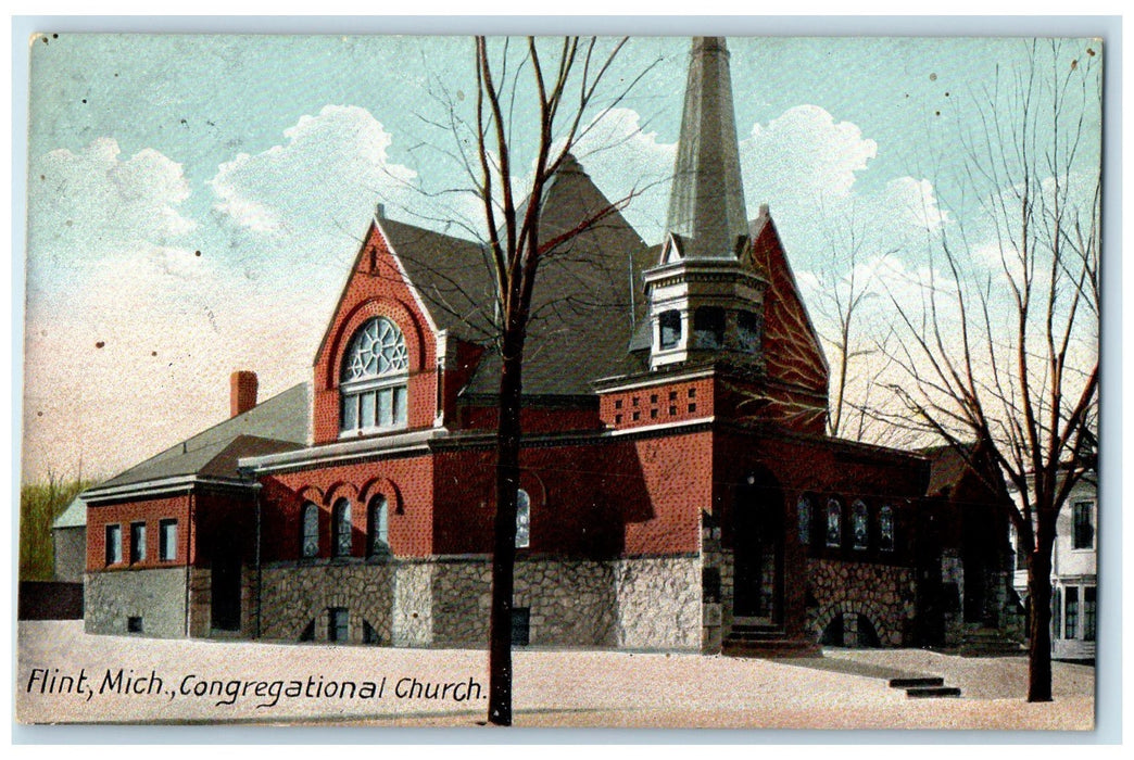 1907 Congregational Church Exterior Roadside Flint Michigan MI Posted Postcard