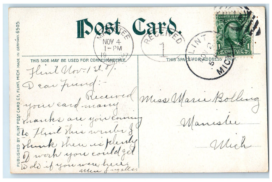 1907 Congregational Church Exterior Roadside Flint Michigan MI Posted Postcard