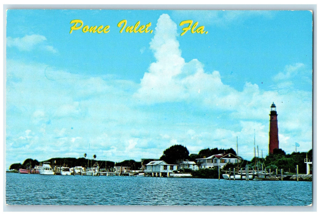 c1950's Ponce Inlet Harbor Yate Speed Boats Lighthouse Tower Florida FL Postcard