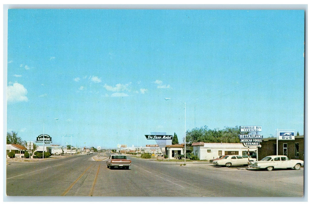 c1950 Street Scene Classic Cars Road Restaurant Fort Stockton Texas TX Postcard