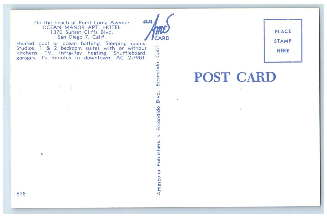 c1950's Ocean Manor Apartment Hotel Restaurant San Diego California CA Postcard