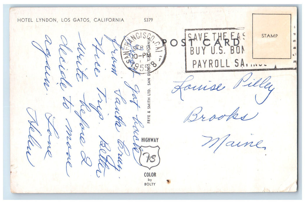c1950 Hotel Lyndon Building Restaurant Car Park Los Gatos California CA Postcard