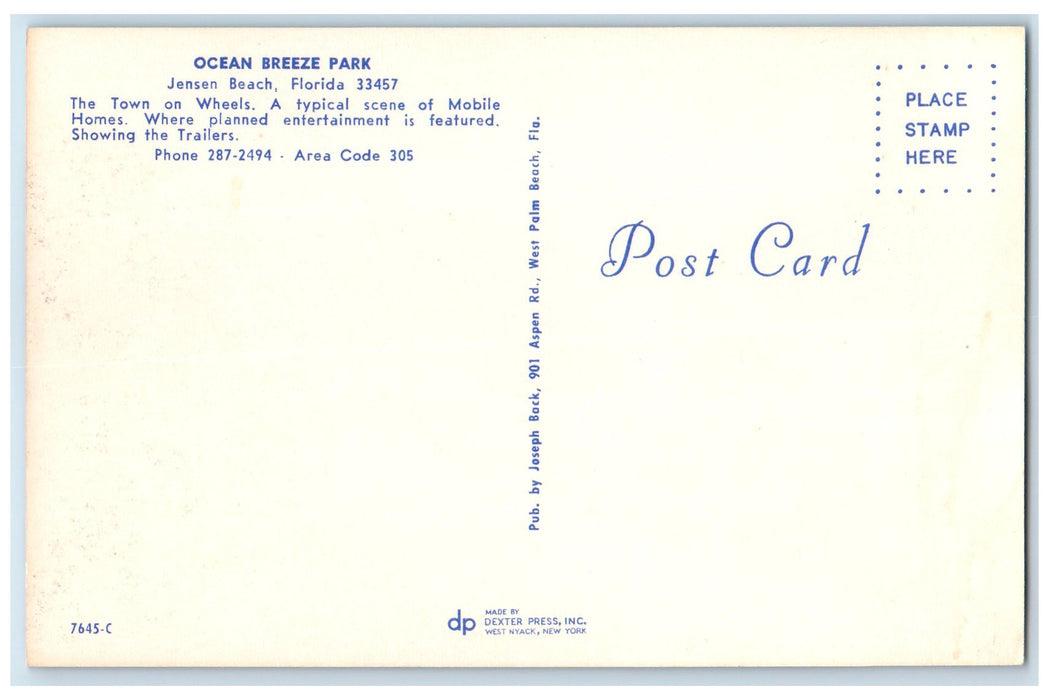 c1950's Ocean Breeze Park Dirt Road Classic Car Jensen Beach Florida FL Postcard