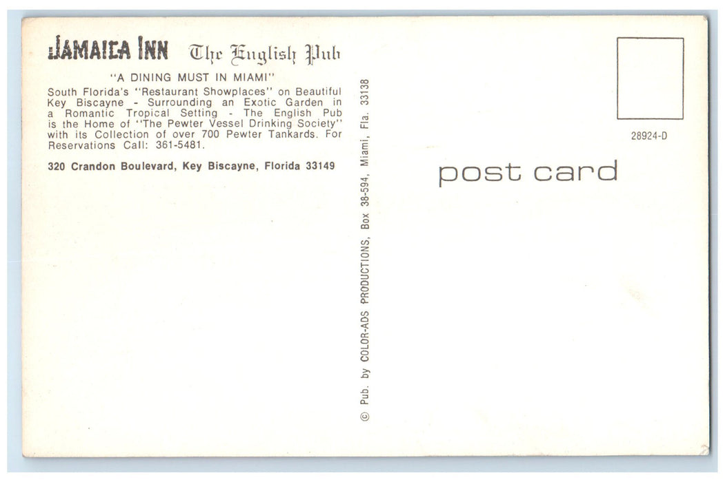 c1950's Jamaica Inn The English Pub Restaurant Key Biscayne Florida FL Postcard