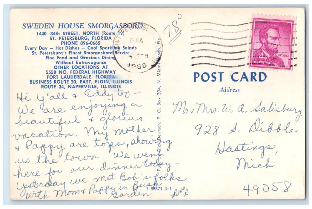 1966 Sweden House Smorgasboro Restaurant View St. Petersburg Florida FL Postcard