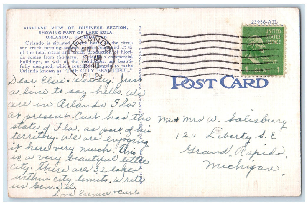 c1940's Airplane View Business Section part Of Lake Eola Orlando Florida FL Post