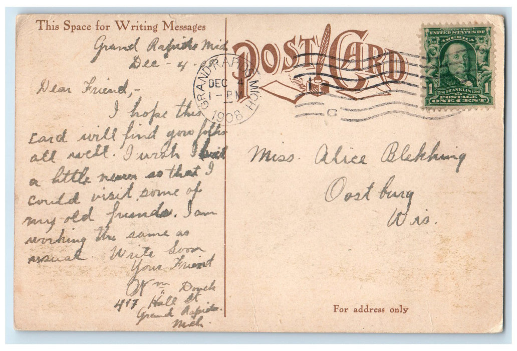 1908 Ryerson Public Exterior Roadside Grand Rapids Michigan MI Posted Postcard