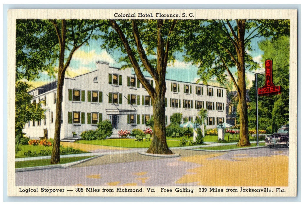 c1940s Colonial Hotel Exterior Roadside Florence South Carolina SC Tree Postcard