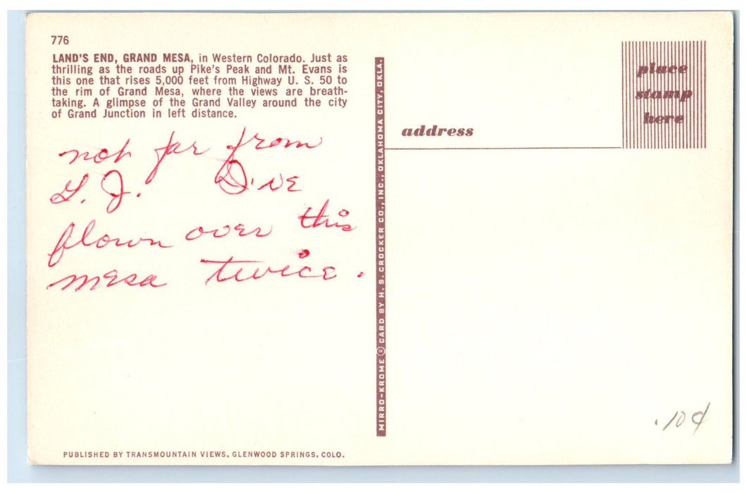 c1950's Lands End Pikes Peak Mountains Grand Mesa Western Colorado CO Postcard