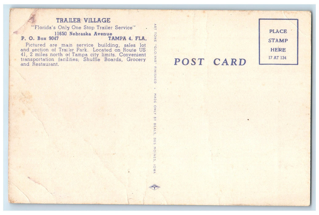c1940's Trailer Village One Stop Trailer Service Tampa Florida FL Trees Postcard