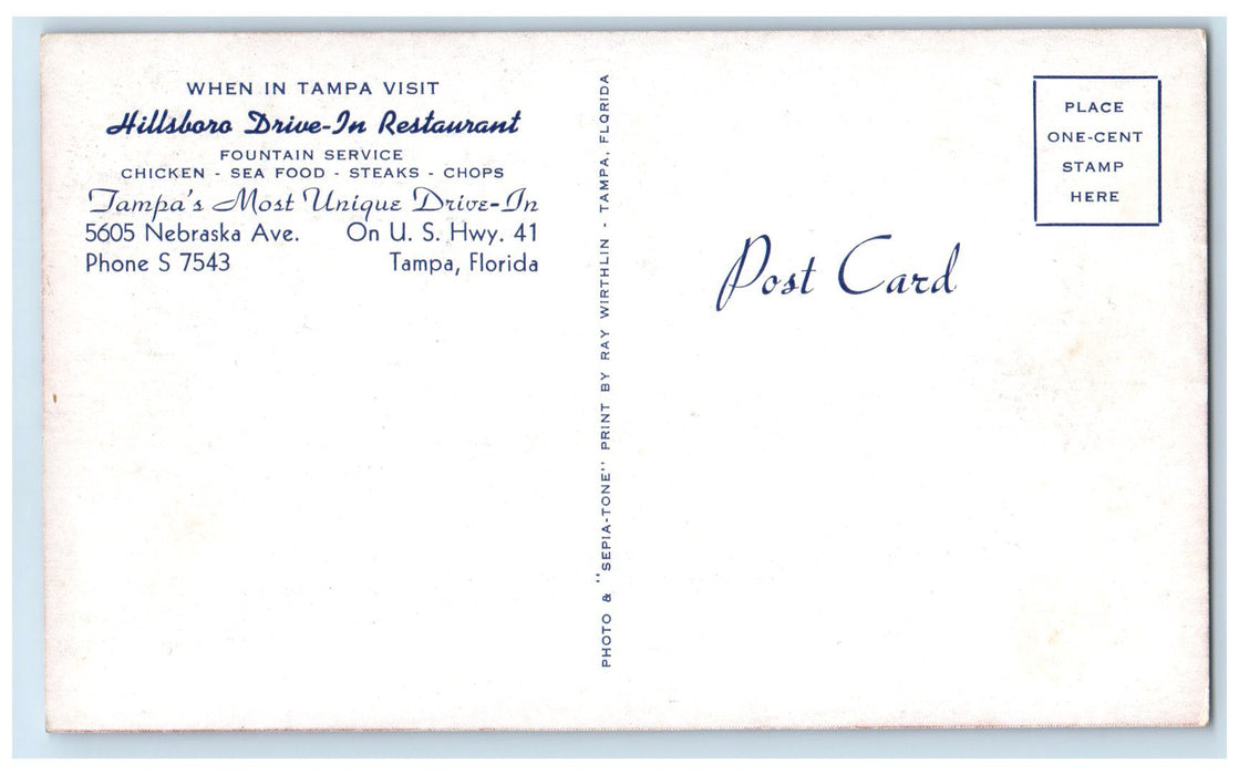 c1960s Hillsboro Drive-In Restaurant Roadside Tampa Florida FL Unposted Postcard