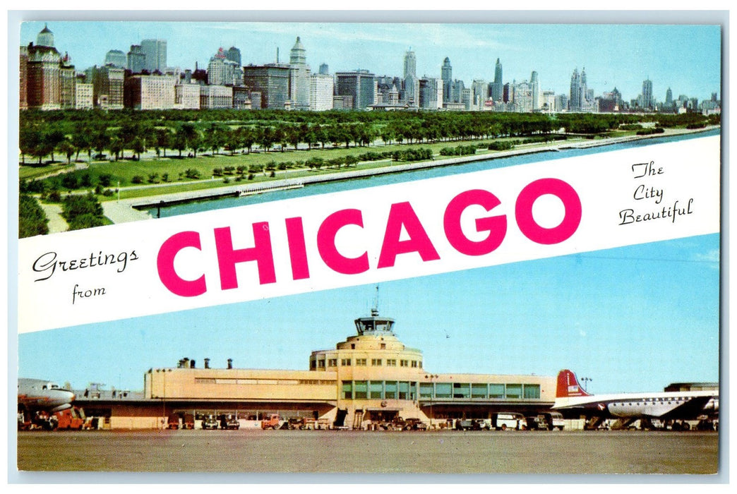 c1950 Greetings From Chicago Famous Midway Airport Terminal Illinois IL Postcard