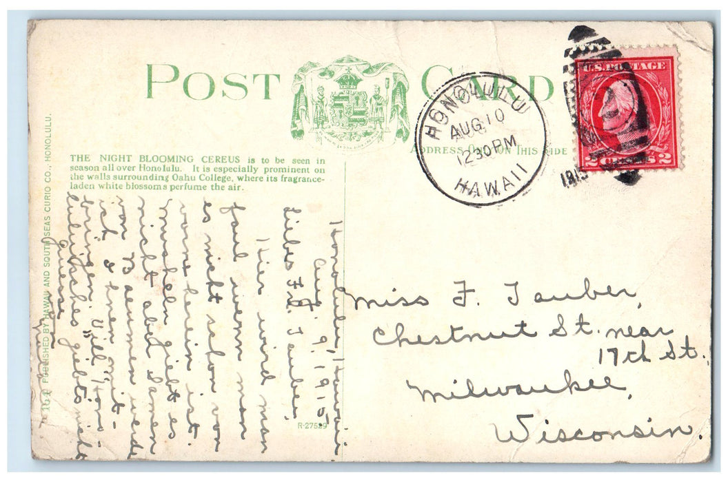1915 Night Blooming Cereus Woman View Honolulu Hawaii HI Posted Vintage Postcard