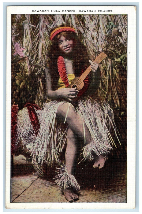 1942 Hawaiian Hula Dancer Holding Ukulele Hawaiian Islands Hawaii HI Postcard