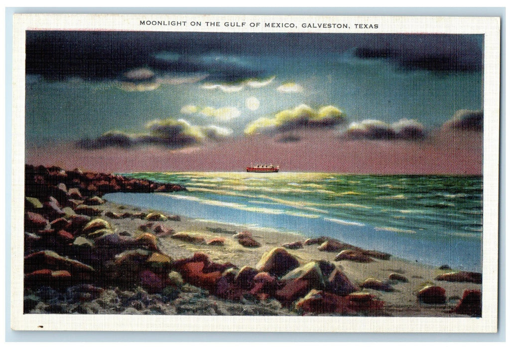 c1940 Moonlight On The Gulf Of Mexico Passenger Ship Galveston Texas TX Postcard