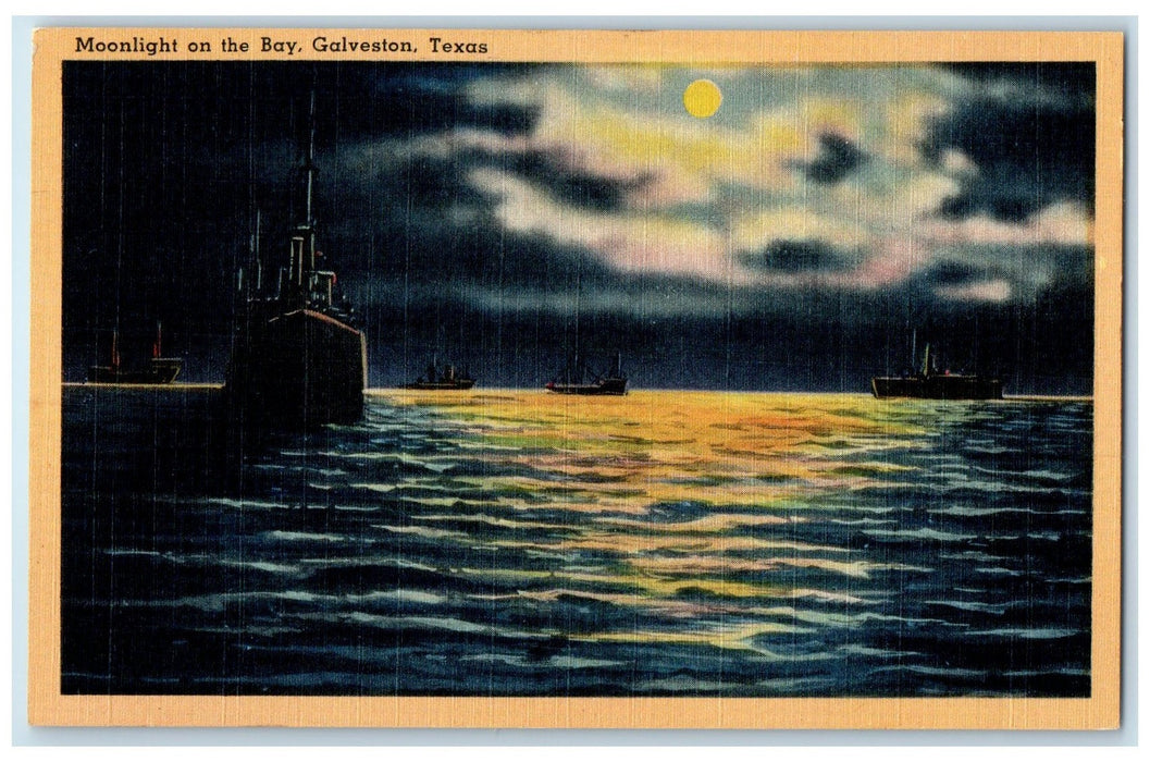 c1940's Moonlight On The Bay Passenger Ships Boats Galveston Texas TX Postcard