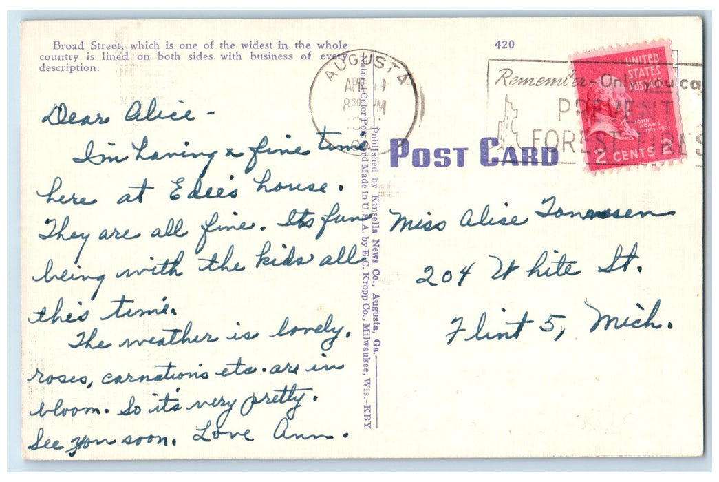 1952 Broad Street Buildings Cars Shops Scene Augusta Georgia GA Posted Postcard