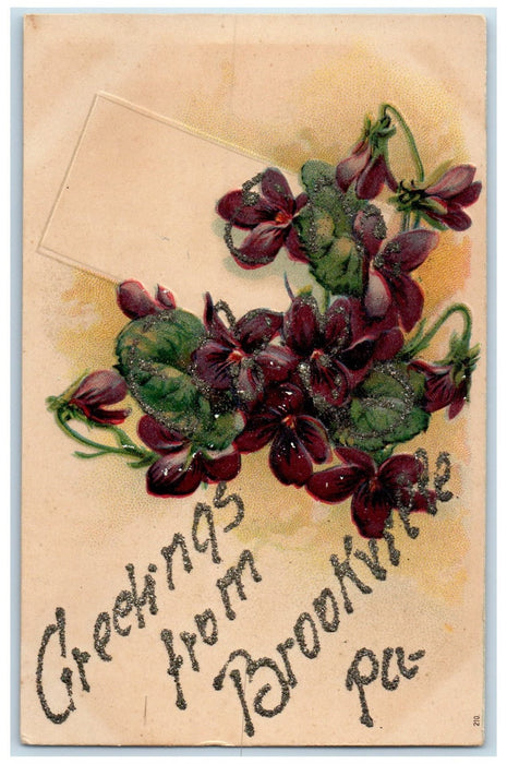 c1950's Greetings From Brookville Red Flowers Pennsylvania PA Embossed Postcard