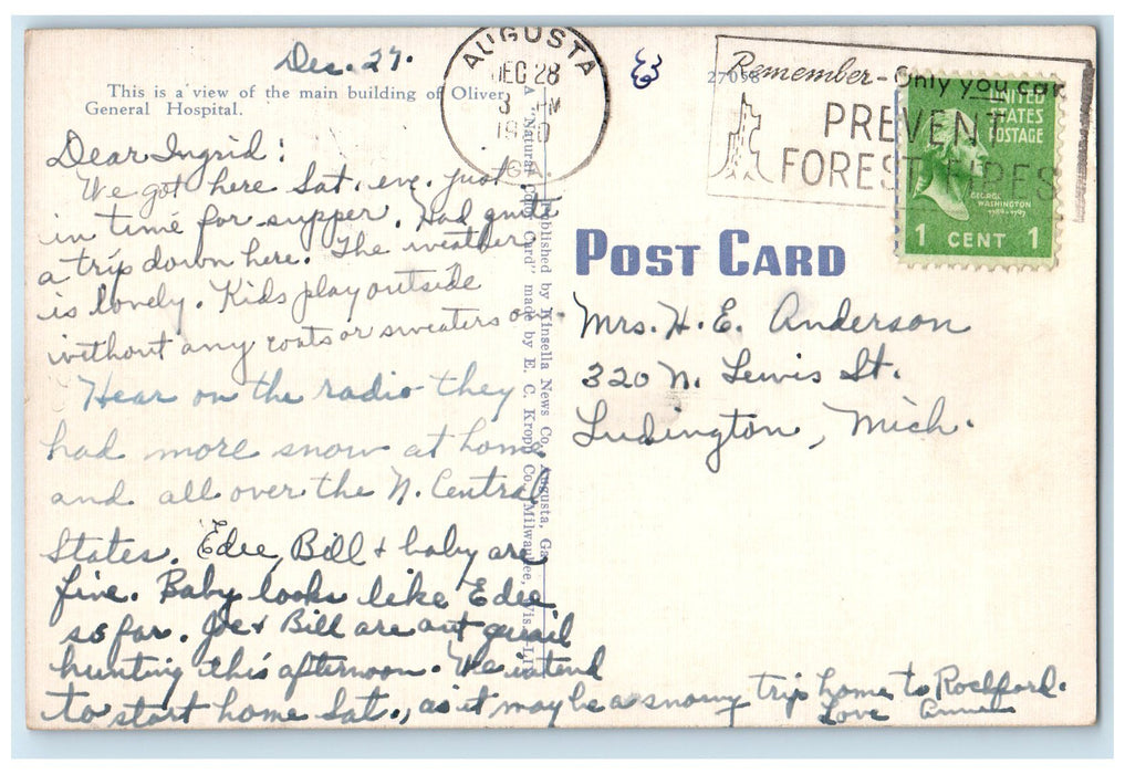 1940 Oliver General Hospital Exterior Augusta Georgia GA Posted Trees Postcard