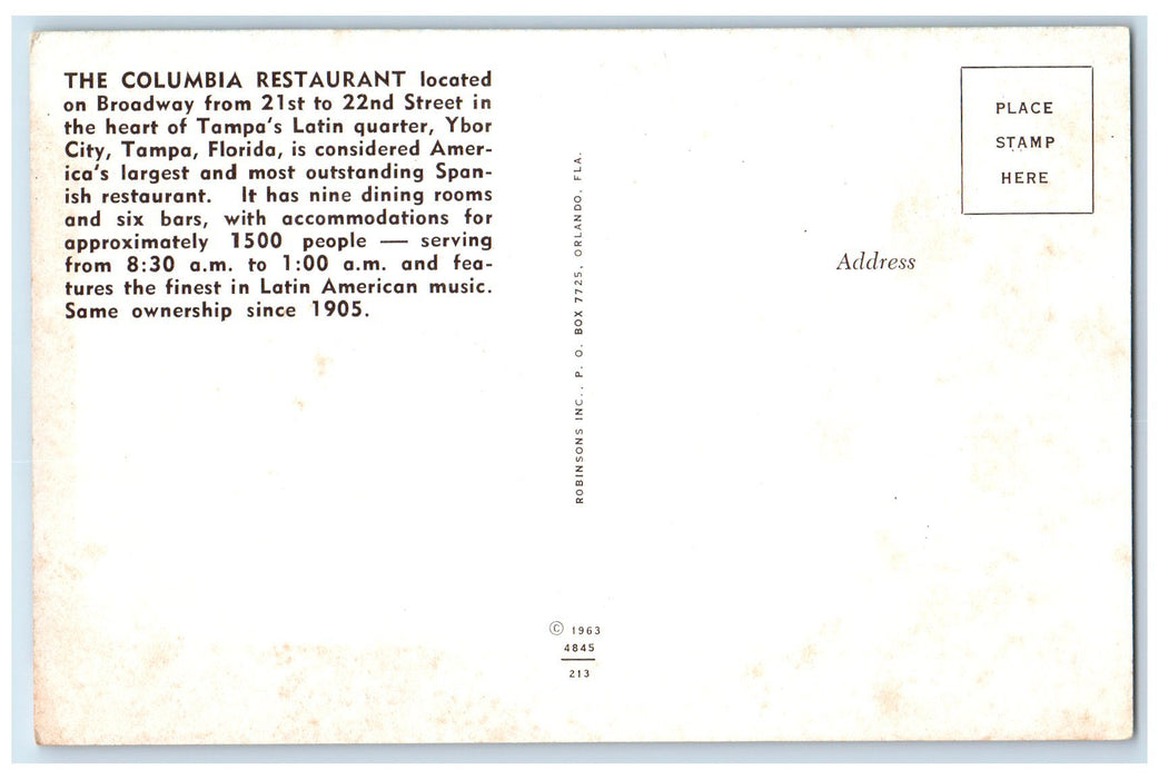 c1940 The Patio Dining Room Of The Columbia Restaurant Tampa Florida FL Postcard