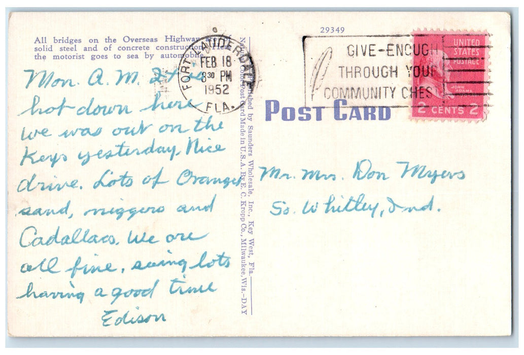 1952 Bahia Honda Truss Bridge Dirt Road River Lake Key West Florida FL Postcard