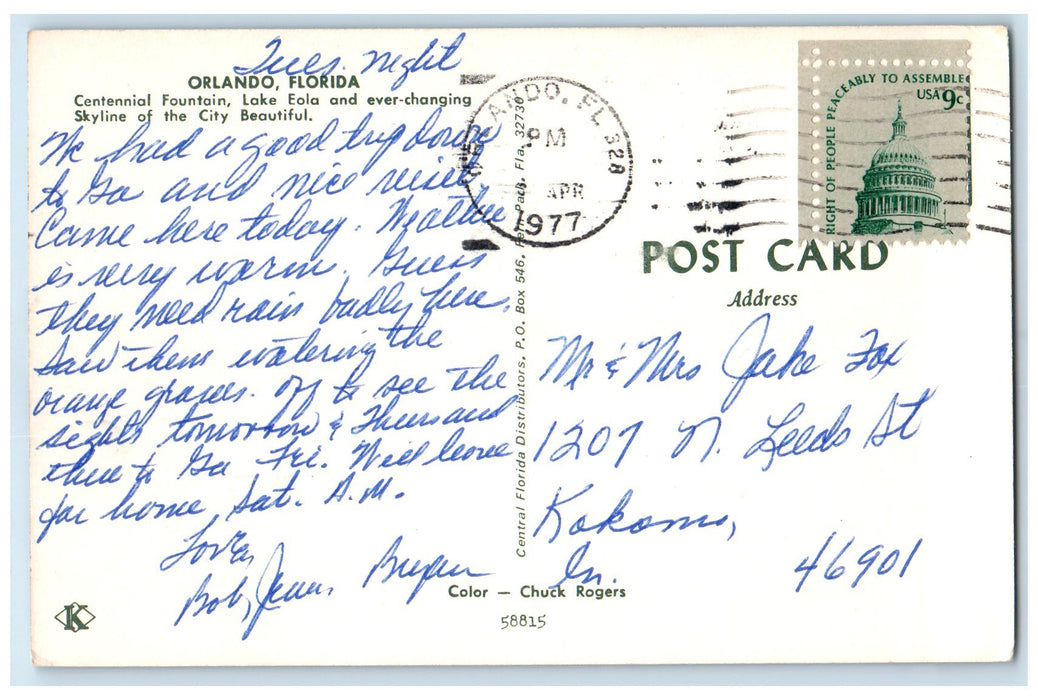 1977 Centennial Fountain Lake Eola And Skyline City Orlando Florida FL Postcard