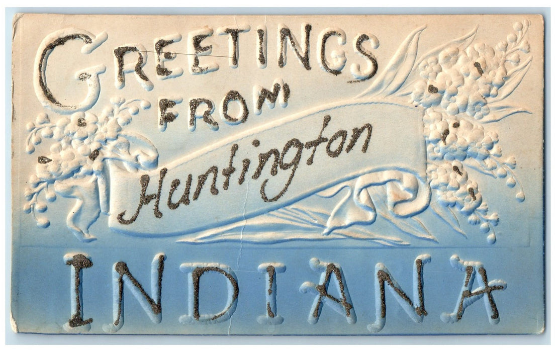 c1950 Greetings From Huntington Airbrushed Embossed Glitters Indiana IN Postcard