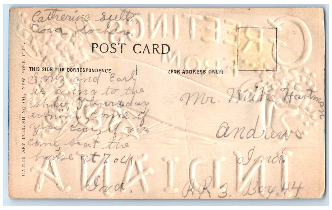 c1950 Greetings From Huntington Airbrushed Embossed Glitters Indiana IN Postcard