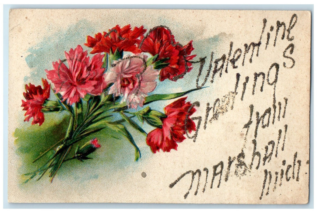 1908 Valentine Greetings From Marshall Airbrushed Embossed Michigan MI Postcard