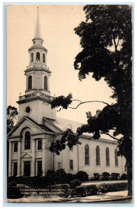 c1950's Congregational Church Building Tower Concord Massachusetts MA Postcard