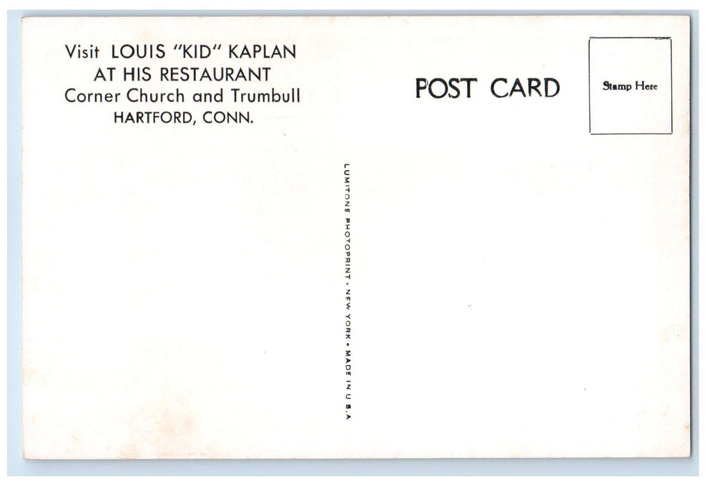 c1920's Visit Luis Kid Kaplan At His Restaurant Hartford Connecticut CT Postcard