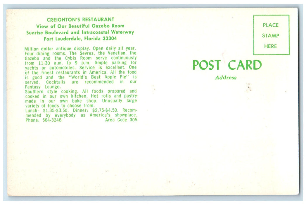 c1950's Creighton's Restaurant Gazebo Room Fort Lauderdale Florida FL Postcard