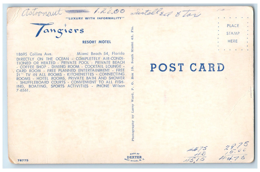 c1950's Tangiers Resort Motel Restaurant Entrance Pool Miami Beach FL Postcard