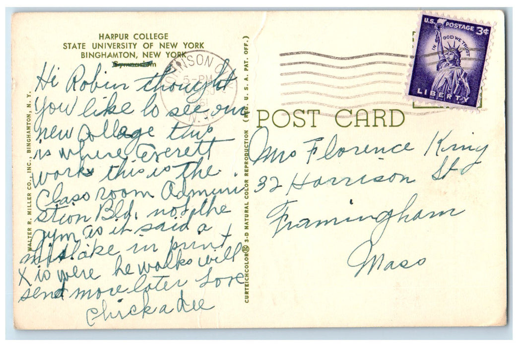 1951 Harpur College State University Of Binghamton New York NY Posted Postcard