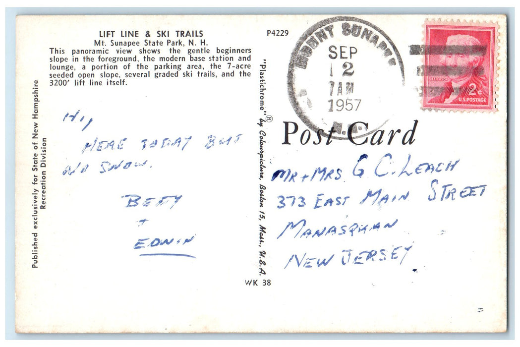 1957 Lift Line & Ski Trails Mt. Sunapee State Park New Hampshire NH Postcard