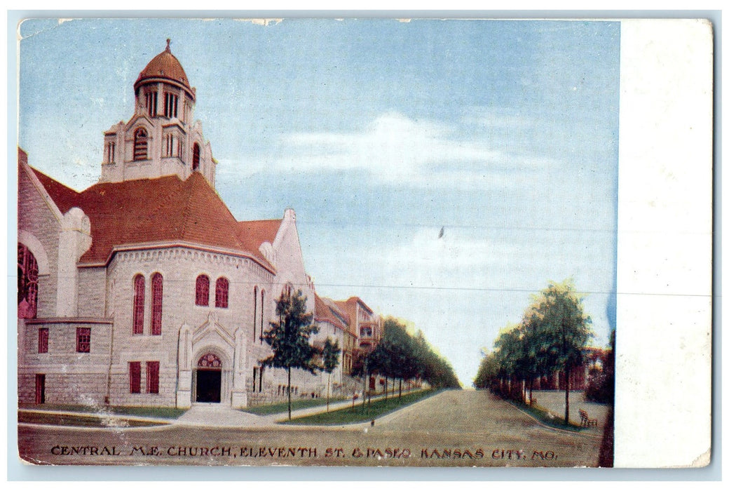 c1920 Central Methodist Episcopal Church Building Tower Kansas City MO Postcard