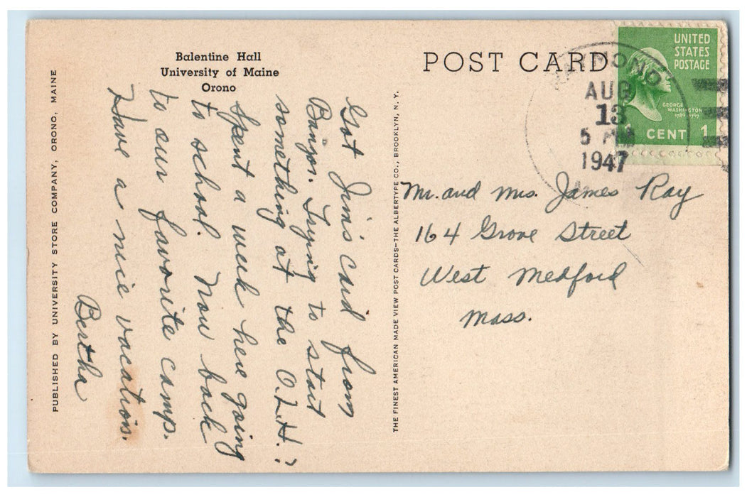 1947 Balentine Hall University Of Maine Exterior Orono Maine ME Posted Postcard