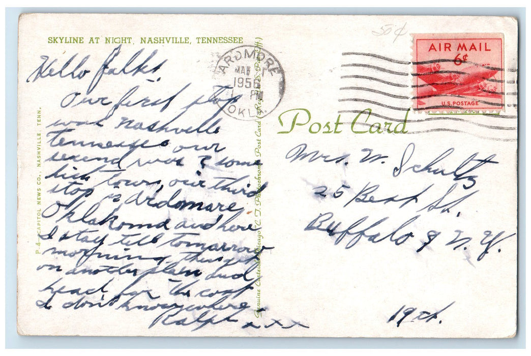 1956 Skyline At Night Buildings Moonlight Bridge Nashville Tennessee TN Postcard