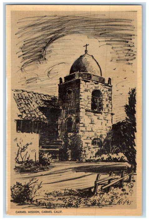 c1920's Carmel Mission Church Tower Hand Drawing Carmel California CA Postcard