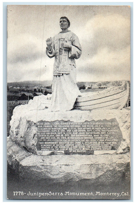 c1910 Junipero Serra Monument Statue Shows Boat Monterey California CA Postcard