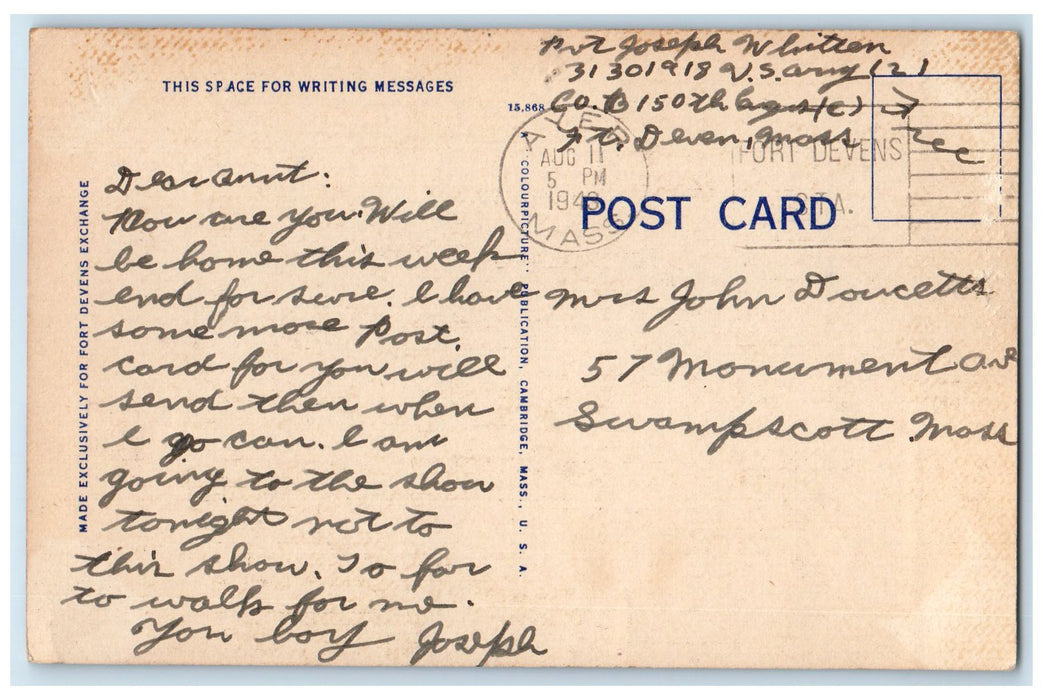 1948 Post Theatre No.1 Exterior Roadside Fort Devens Massachusetts MA Postcard