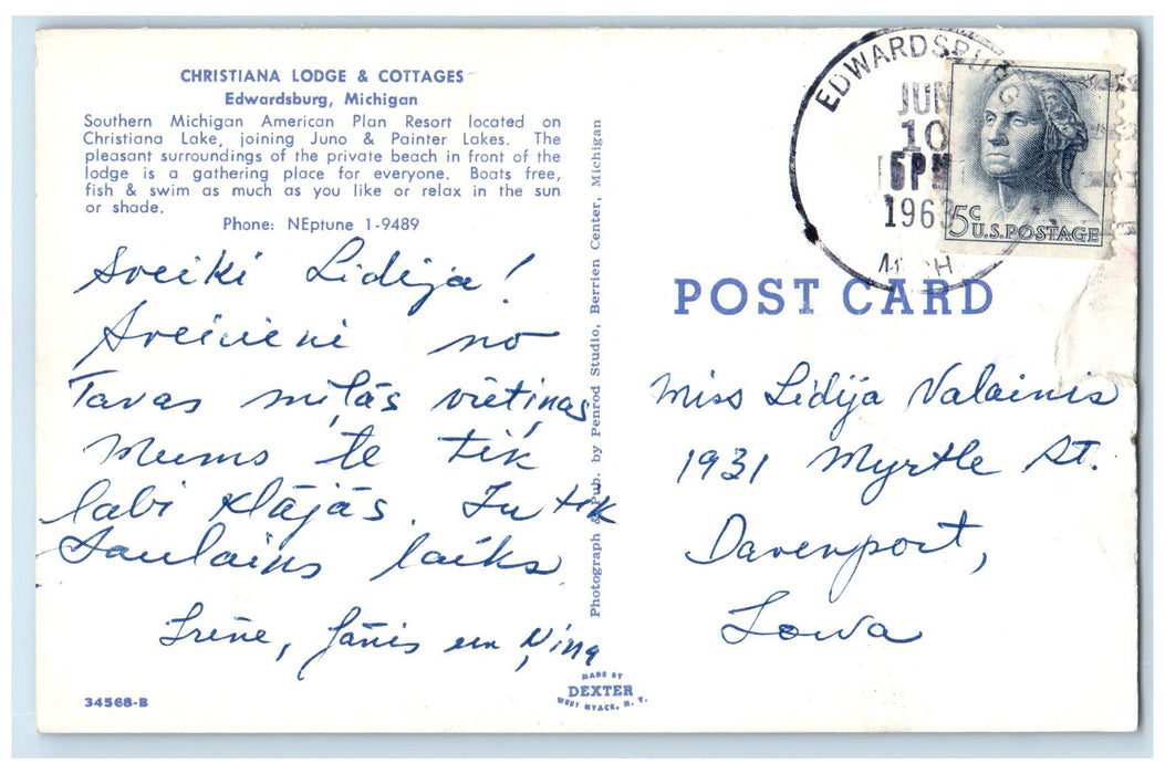 1963 Christiana Lodge & Cottages Edwardsburg Michigan MI Posted Bathing Postcard