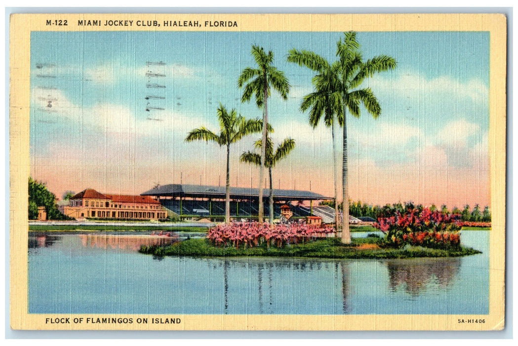 1941 Miami Jockey Club Flock Of Flamingos On Island Hialeah Florida FL Postcard