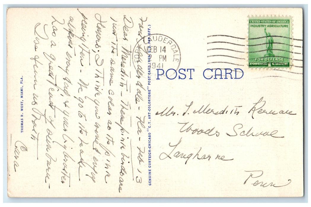 1941 Miami Jockey Club Flock Of Flamingos On Island Hialeah Florida FL Postcard