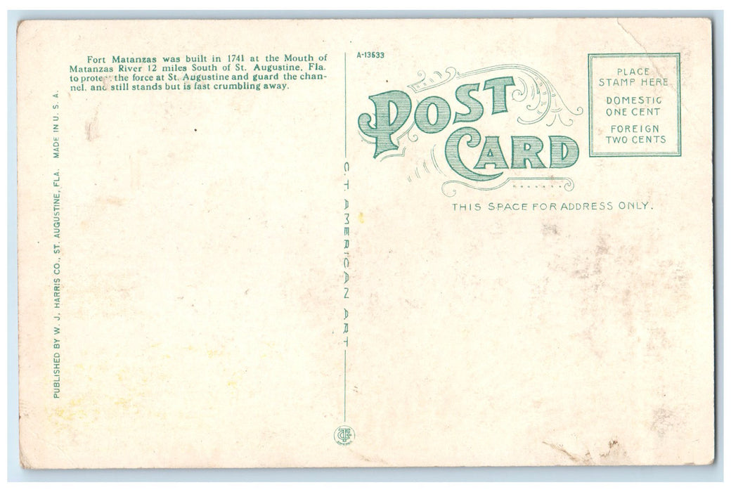 c1920 Fort Matanzas National Monument St. Augustine Florida FL Unposted Postcard