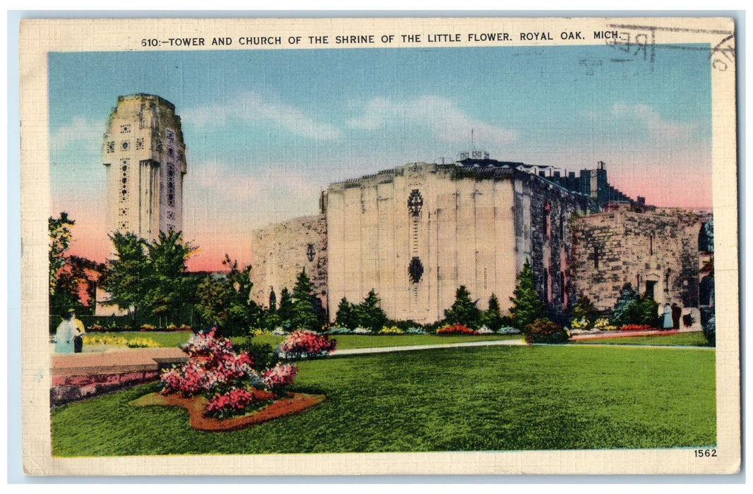 1937 Tower Church Of Shrine Little Flower Royal Oak Michigan MI Posted Postcard