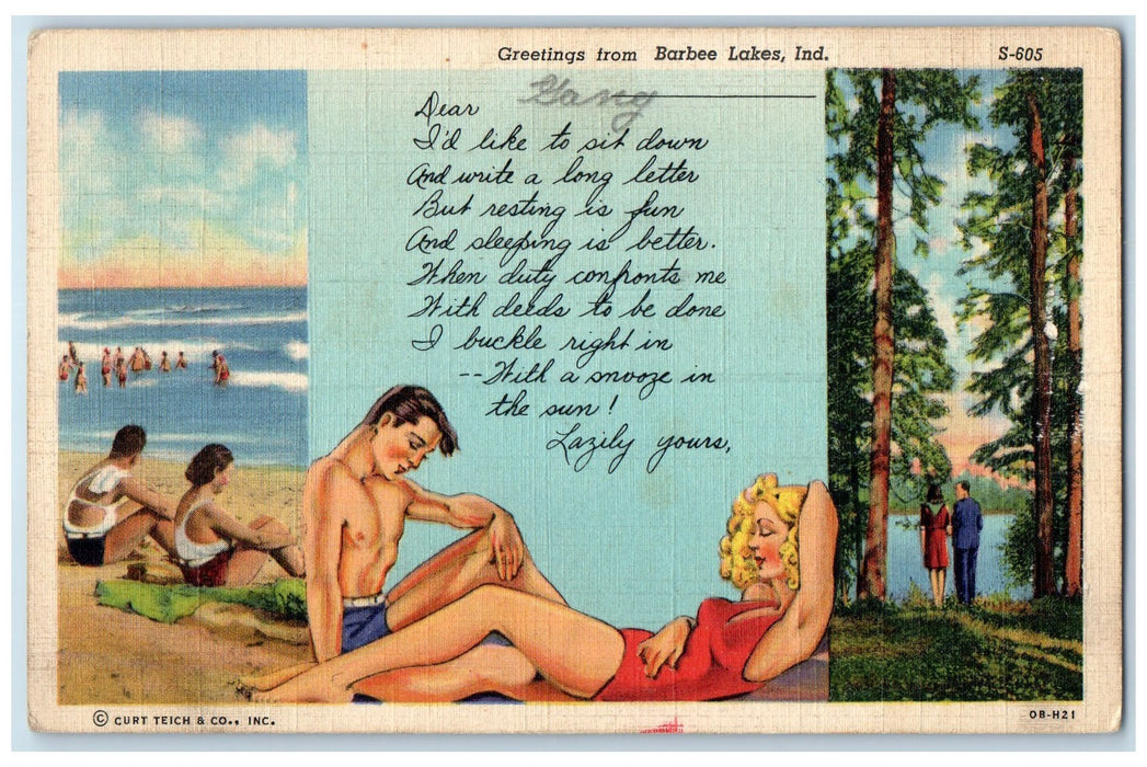 1941 Greetings From Barbee Lake Bathing Scene Indiana IN Posted Vintage Postcard