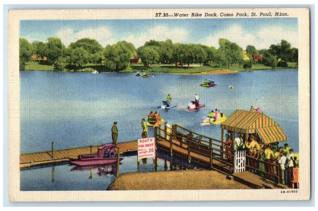 1940 Water Bike Dock Como Park St. Paul Minnesota MN Posted Canoeing Postcard