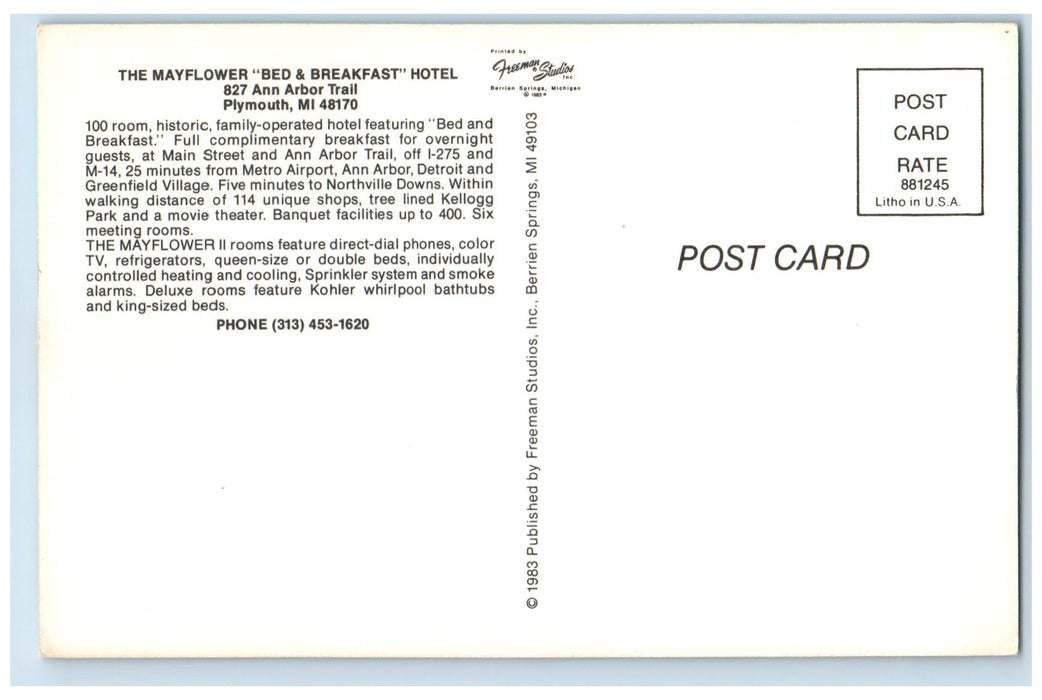 c1950's Mayflower Bed & Breakfast Hotel Restaurant Plymouth Michigan MI Postcard